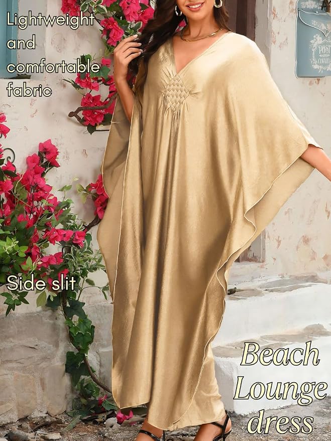 ChiaoLezhee Print Moo-Moos for Women, Kaftan Cover-Up Dresses, Sexy V-Neck High-Slit, Beach Pool-Party Coverups Muumuu Plus