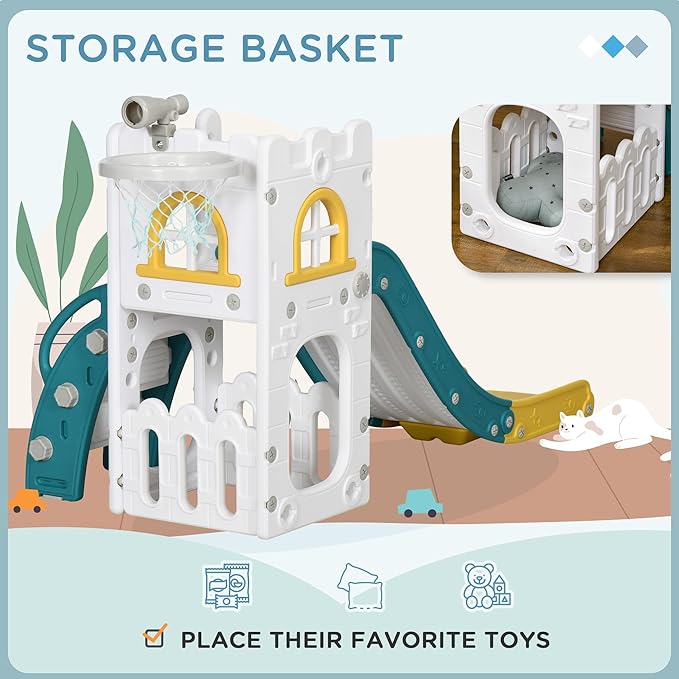 Qaba 5 in 1 Toddler Slide, Indoor Kids Slide for 1-3 Years Old, Climber Freestanding Playset with Basketball Hoop, Telescope & Storage Basket, Yellow