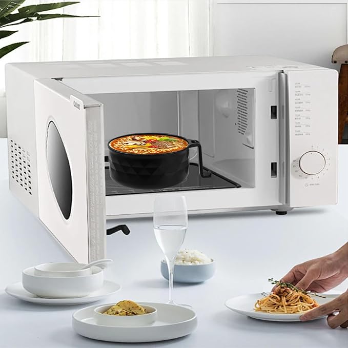 OZY Microwave Ramen Bowl，Ramen Noodle Cooker with Spoon Chopsticks Fork，Ramen Cooker with Handles，College Dorm Room Essentials，BPA-Free (Black)