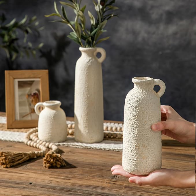 White Ceramic Vase Set of 3, Modern Rustic Flower Vases, Matte White Bohemian Decor, Farmhouse Home Decor for Living Room Kitchen Table Centerpieces Bedroom Shelf