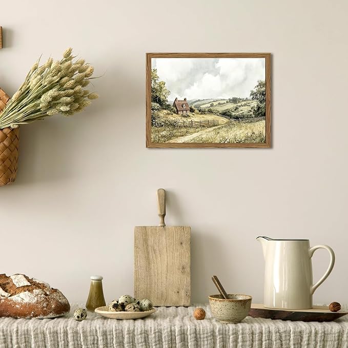 Framed Vintage Canvas Wall Art, Cottage Landscape Wall Decor Paintings, Rustic Farmhouse Pictures Prints Aesthetic Home Decor for Living Room Bedroom Bathroom 12x16 inch