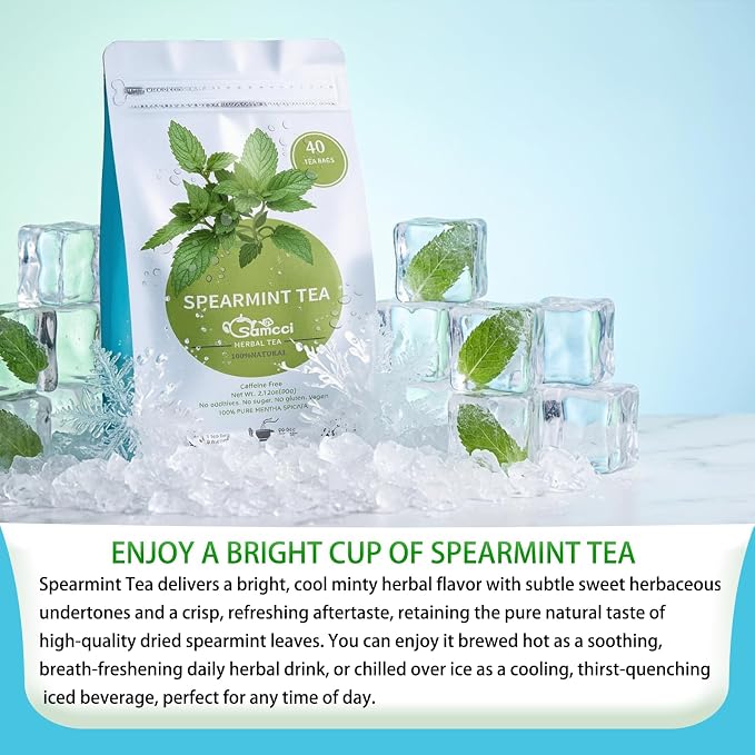 Samcci - Spearmint Tea Bags, 40 Teabags, 1.5g/bag - Pure Spearmint Leaves - Non-GMO - Caffeine-free Herbal Tea - Hormone Balance & Support Digestion & Natural Breath Freshener