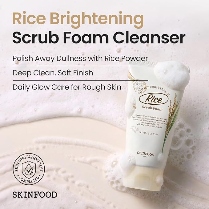 SKINFOOD Rice Daily Scrub Foam, Facial Cleanser with Face Scrub, Face Wash Fermented White Rice Bran Water, Gentle Exfoliating For Men and Women (150ml, 5.07 fl. oz.)