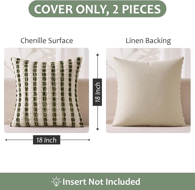 ANRODUO Boho Chenille Decorative Pillow Covers 18x18 Set of 2 Green White | Textured Tufted Stripes Woven Cushion Case, Farmhouse Accent Neutral Pillowcase for Couch Sofa Bed Living, Room Decor