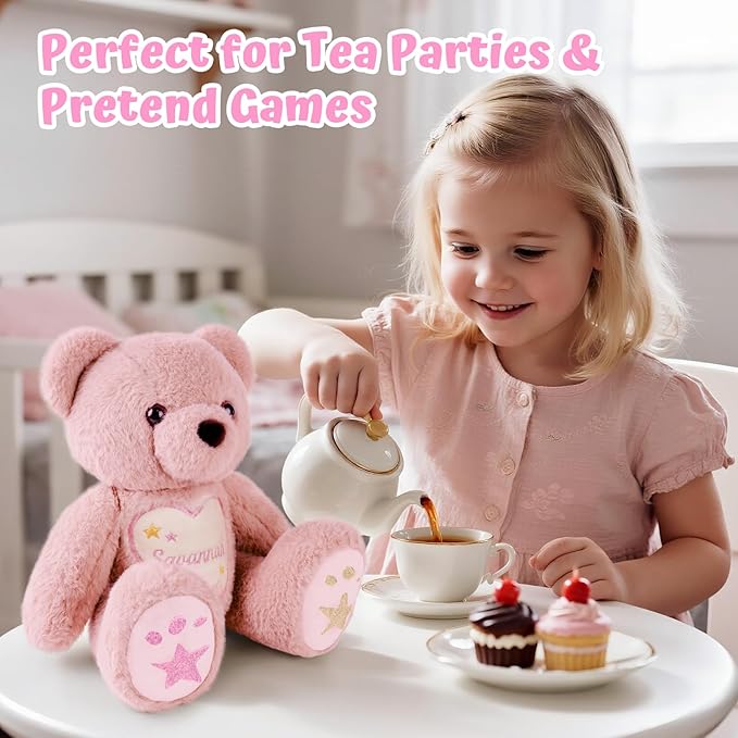 Custom Teddy Bear with Name Embroidery – 360° Rotating Plush Bear Stuffed Animals for Kids Toddler, Personalized Birthday Gifts for Girls Boys (Pink)