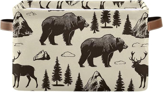 Aslsiy Storage Vintage Deer Bear Moose Nursery Bins National Park Baby Box Canvas Clothes Shelf Basket Laundry Hamper Gift for Home Closet 2 Pcs