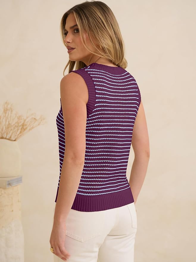 ANRABESS Womens Sleeveless Sweater Vest Striped Tank Tops | Crochet Knit Crew Neck, Lightweight Soft Comfy, Vacation Travel Work Casual Outfits, Sping Summer Layering Clothes