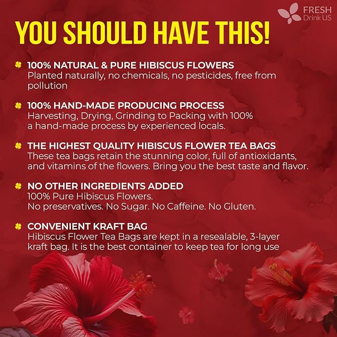 FRESHDRINKUS 140 Hibiscus Flowers Tea Bags, 100% Natural, Pure from Hibiscus Flowers. Loose Flower Hibiscus Herbal Tea. Hibiscus Flower Tea. No Sugar, No Caffeine, No Gluten, Vegan.