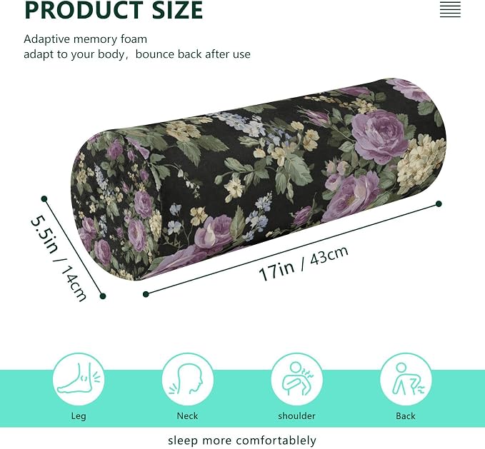 Vintage Purple Roses Neck Roll Pillow Bolster Round Health Memory Foam Long Cervical Cylinder Pillows with Removable Washable Cover for Body Bed Legs Back Yoga