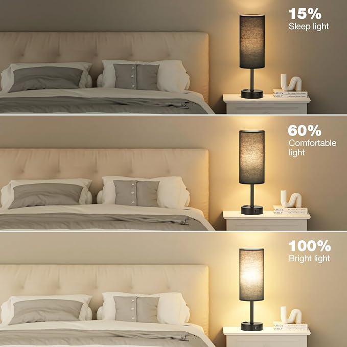 Fenmzee Black Bedside Lamp for Bedroom, Dimmable Touch, USB A+C, AC Outlet | 3-Way Dimmable, LED Bulb Included, USB C+A Charging Ports, Black Fabric Lampshade, Metal Base, 14in Small Table Lamp