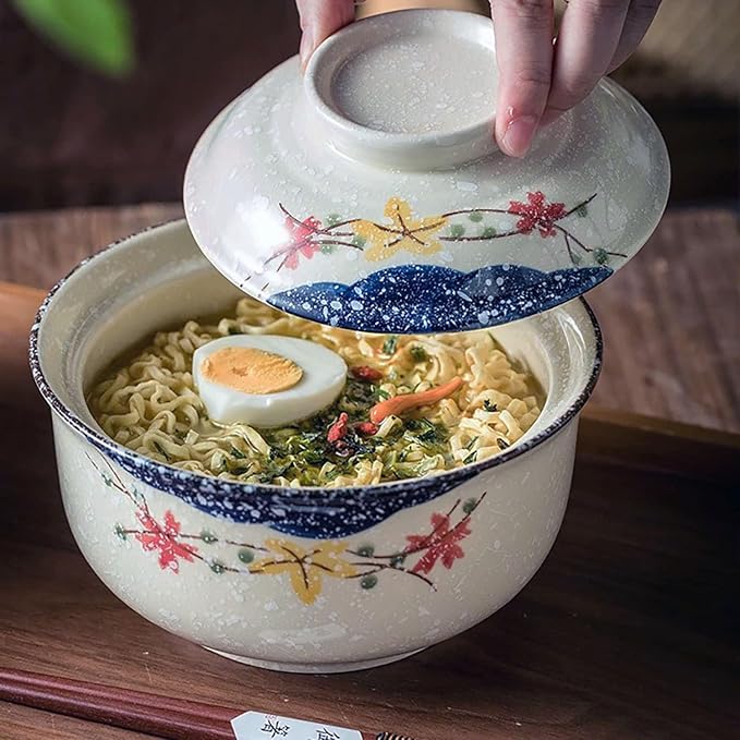 Ceramic Ramen Bowl with Lid, 25 Oz Big Bowl for Noodle, Soup, Porridge and Rice, Japanese Style, Korean Clay Pot, Oven, and Microwave Safe (Pattern C)
