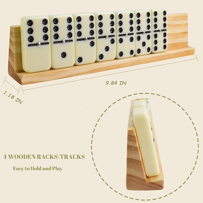 Dominos Set for Adults with 4 Wooden Racks/Stands, Jumbo Dominoes Travel Set with Portable Zipperd EVA Box, 28 Tiles Double 6 Domino Game Set - Classic Board Games, for Family and Outside Games