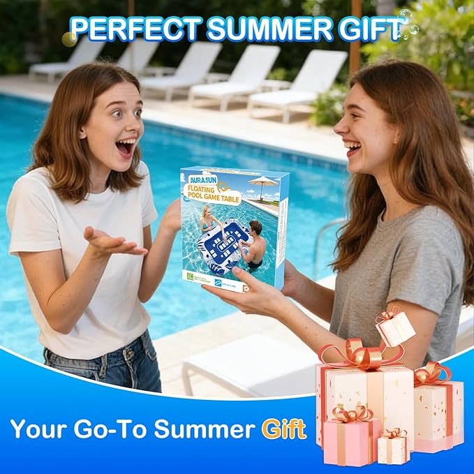 56IN Oversize Floating Card Game Table for Pool with Waterproof Cards - Inflatable Floating Card Table for Adults, Snack Drink Tray with Cup Holders, Hot Tub Lake Summer Beach Fun Accessories