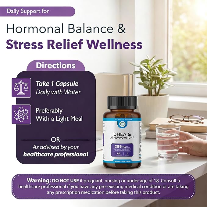 DHEA & Ashwagandha Supplement 385mg – Ashwagandha 250mg, DHEA 10mg, Vitamin C & B6 – Supports Relaxation, Natural Energy & Balanced Mood – Made in USA, 60 Vegan Capsules