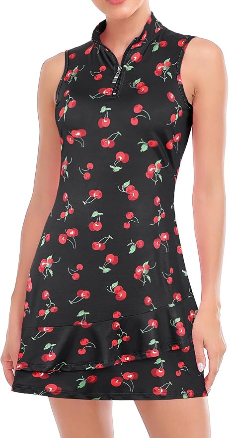 Viracy Tennis Dress for Women Sleeveless Golf Dresses with Shorts and Pockets Ruffle Zip Up Stand Collar Golf Outfits