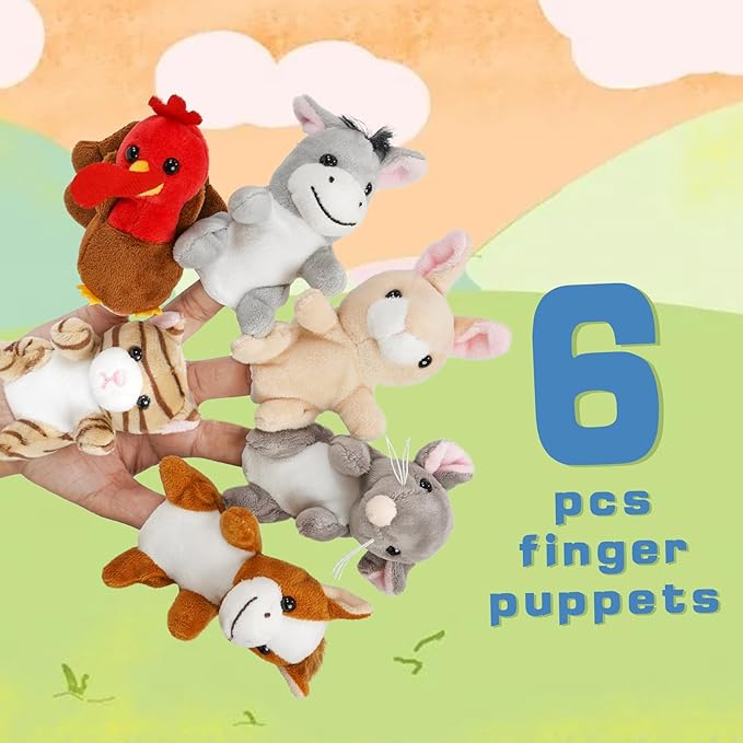 Farm 6pcs Finger Puppets Set, Cute Animal Puppet Mini Hand Puppets Role-Playing Story Animal Soft Plush Toy for Kids cat, Mouse, Horse, Rabbit, Donkey, Turkey(farm02)
