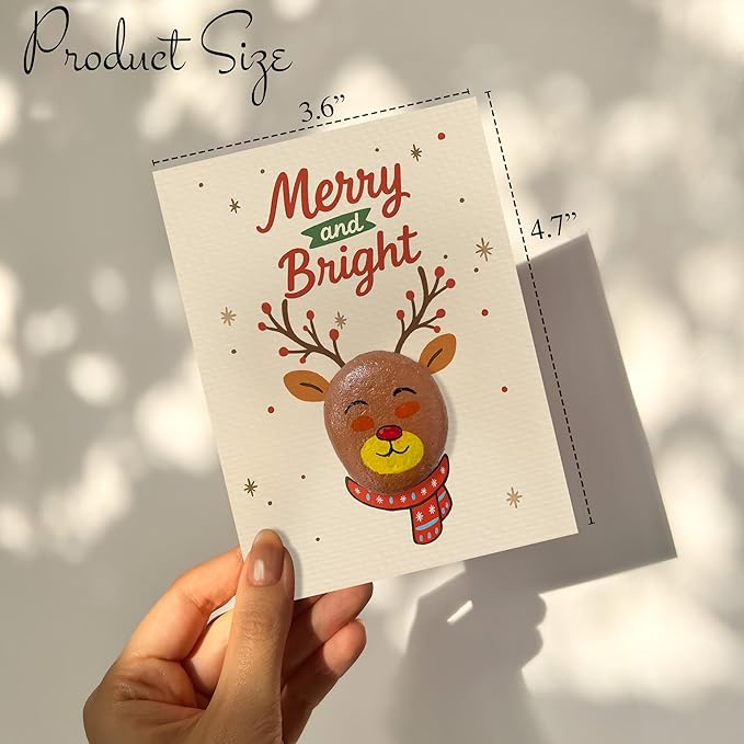 Handmade Christmas Pebble Card – Cute Reindeer “Merry and Bright” Design – Unique Holiday Greeting Card with Pebble Art – Fun Christmas Card for Kids, Friends, Family, Teachers, or Coworkers