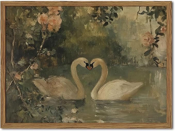 Framed Vintage Swan wall art, Rustic Romantic White Swan Pictures Wall Decor, Cottagecore Farmhouse Animal Paintings Canvas Prints Aesthetic Home Decor for Living Room Bedroom Bathroom 8x10 inch
