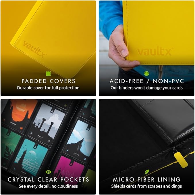 Vault X 9 Pocket Zip Binder, 360 Cards, Exo-Tec Material, 20 Side-Loading Pages (Yellow)