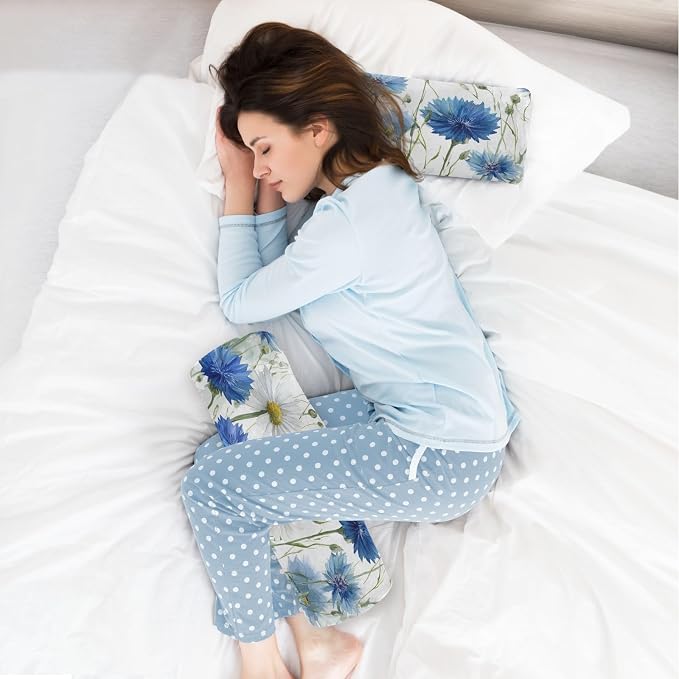 White Daisy Flowers Blue Cornflower Neck Roll Pillow Bolster Round Health Memory Foam Long Cervical Cylinder Pillows with Removable Washable Cover for Body Bed Legs Back Yoga