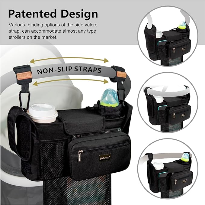 TOPDesign Universal Baby Stroller Organizer, Stroller Caddy with Detachable Mesh Bag & Heightened Insulated Cup Holders & Non-Slip Secure Hooks Accessories, Fits Most Strollers (Zoo 3)