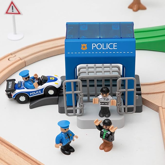 Police Station Playset Toy,Building City Police Scenes Train Set Compatible with All Wooden Train Tracks,Educational Train Accessory Toys for Boys and Kids (Assembly Required)