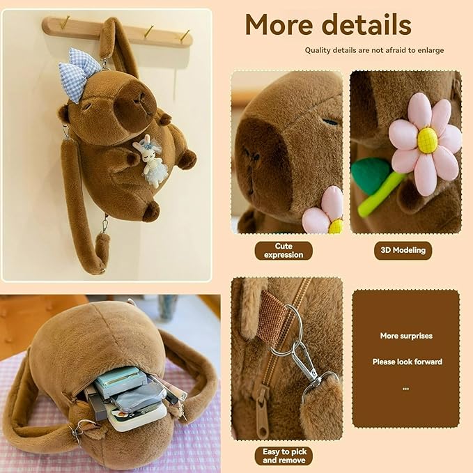 Capybara Bow Bowknot Orange Flower Lollipop Cute Plush Backpack Kawaii Cartoon Design for Women Ita Bag (Orange)