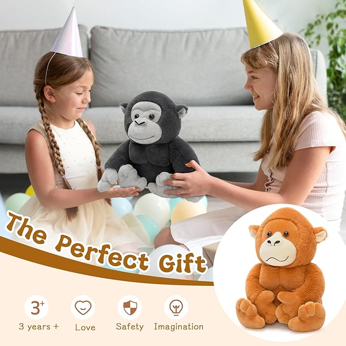 3Pcs Bulk Gorilla Plush, Cute Soft Gorilla Stuffed Animal Set for Kids,11.4" Mini Stuffed Zoo Animal Toy for Birthday, JungleTheme Party Baby Shower Decor(Black,Rufous,Gray)