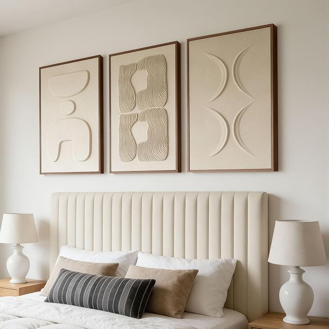 Thalasse Abstract Wall Art Large Framed 3D Sand Beige 16x24 In | Set of 3 Wabi Sabi Abstract Sandstone Relief Artwork with Solid Catalpa Wood Frame, Minimalist Triptych Pictures for Entryway