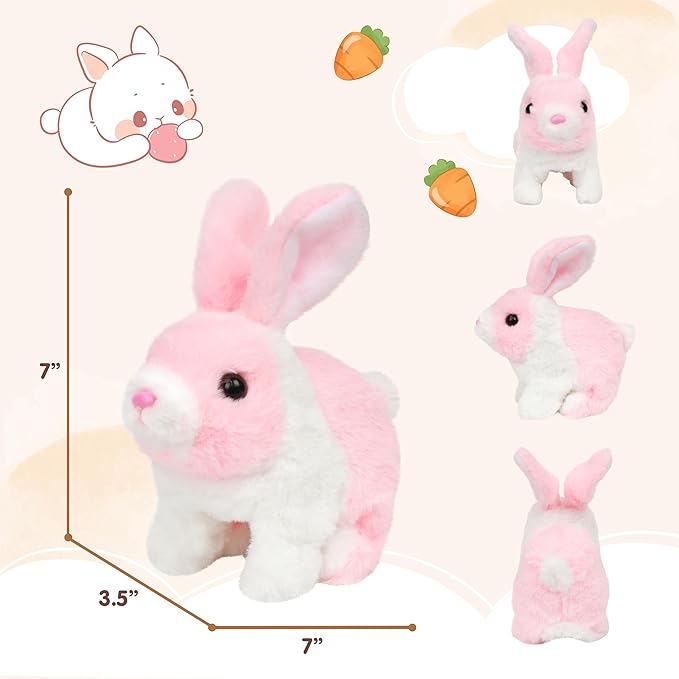 Easfan Hopping Bunny Interactive Pet Plush Bunny Toy Set with Sounds and Movements Rabbit Ears Moving Educational Plush Easter Birthday Gifts for Kids Girls, 7'',White-Pink