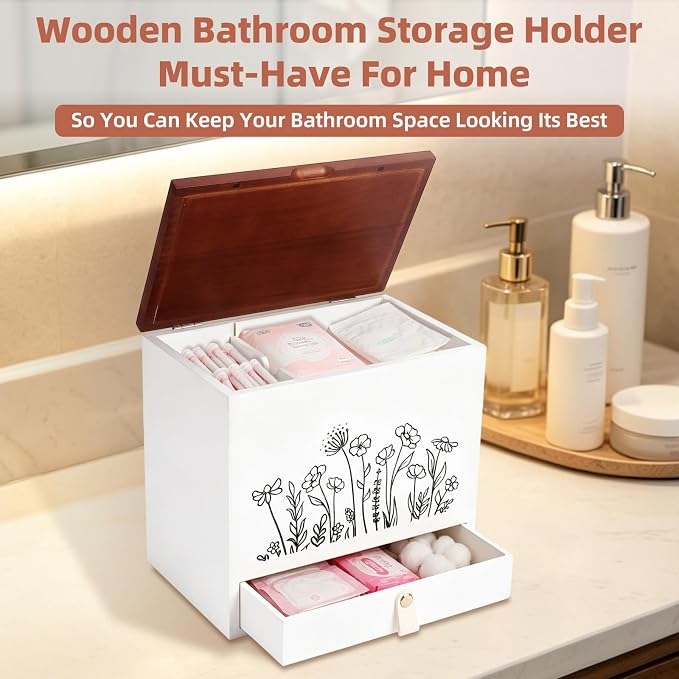 2-Layer Solid Wood Tampon Box Storage Organizer, 100% Wood Bathroom Feminine Accessories Holder with Drawer, Dual-Compartment Holder for Pads, Tampons, & Liners, Gold Floral, Gifts for Women