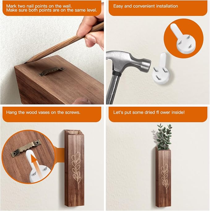 Wooden Wall Vase Planter Set of 4 | Brown Finish Farmhouse & Boho Wall Decor for Entryway, Hallway, Bathroom, Living Room, Dining Room