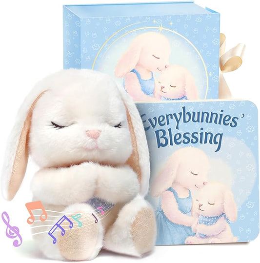 Baptism Gifts for Boys, Catholic Christening, Baby Dedication & Baptismal Gift Set for Baby Boys & Kids, with 9" Musical Praying Bunny Plush Toy & Everybunnies' Blessing Book in Keepsake Box