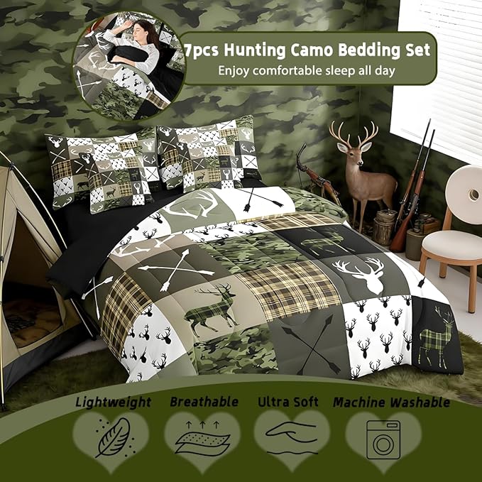 Feelyou Green Hunting Camo Twin Comforter Set with Sheets for Kids Boys Girls Rustic Western Deer 7 Pieces Bedding Set Camouflage Hunter Bed in a Bag Wildlife Animal Room Decor Soft