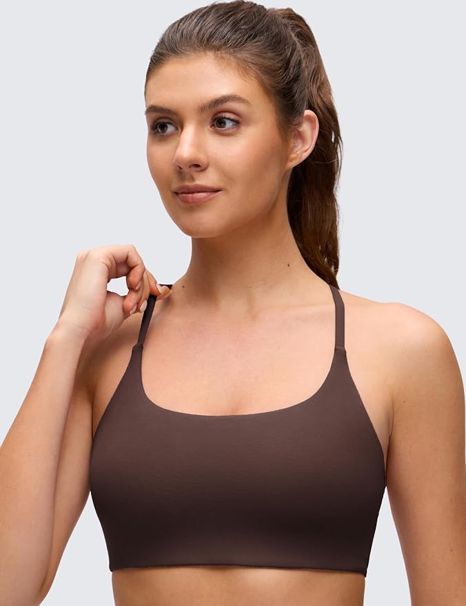 CRZ YOGA Butterluxe Twist Cross Back Sports Bras for Women - U Neck Padded Adjustable Spaghetti Straps Yoga Top