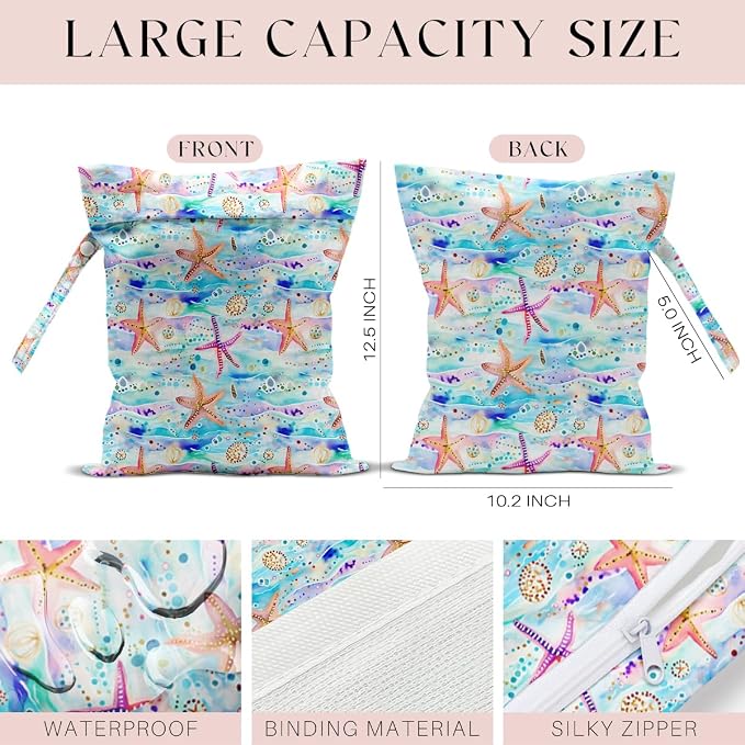 Wet Bag for Swimsuit, Beach Travel Essentials Wet Dry Bag, for Sunscreen Toiletry Dirty Clothes Yoga Gym Diaper, Friends Summer Beach Vacation Gifts. Starfish and jellyfish