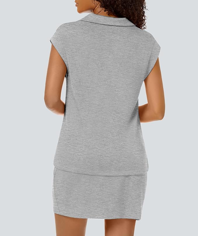 Casly Lamiit Womens Two Piece Skirt Sets Casual Cap Sleeve Lapel V Neck Tops Summer Travel Outfits Short Tennis Skort Set