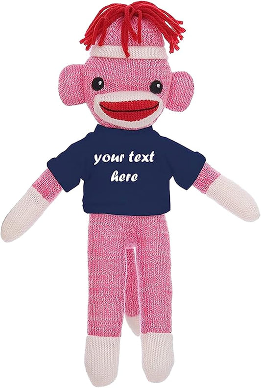 Huggable Pink Sock Monkey 8 Inch, Plush Stuffed Animal Personalized Gift-Custom Text on Shirt-Perfect for Halloween Day, Valentine's Day, Graduation Day, or Birthday Present (Navy)