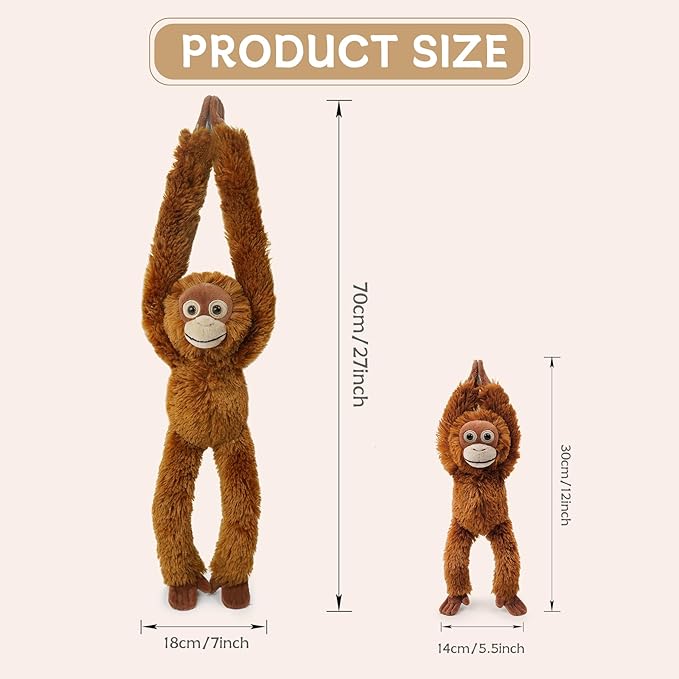 2pcs Orangutans Hanging Stuffed Animal Mother with Baby Hangs Plush Toys, Hooks and Stuffed Animals with Rings for Kids 4-8, Gifts for Boys and Girls（Red）