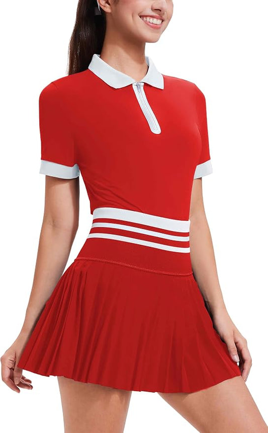 Tennis Skirt Sets for Women Zipper Color Block High Waisted Golf Polo Two Piece Skirt Set Women 2 Piece Outfits