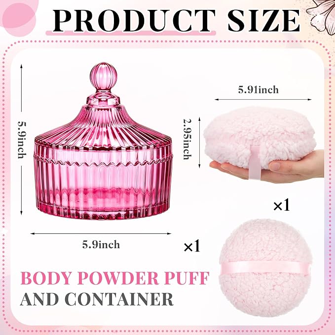 Tioncy 2 Pcs Extra Large Dusting Powder Puff and Container for Women-6'' Glass Crystal Dusting Powder Container with Body Soft Washable Reusable Velour Face(Rose Red,Classic)