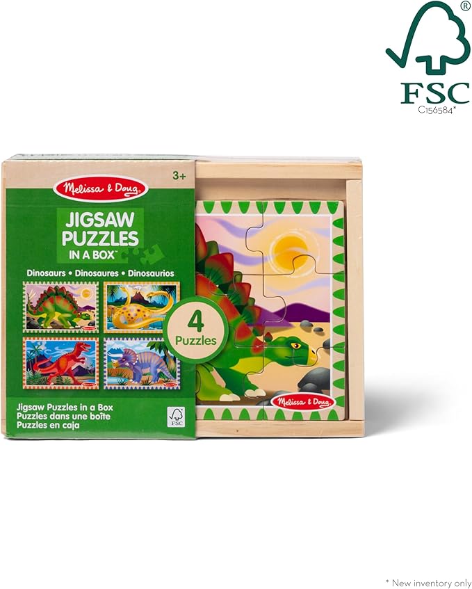 Melissa & Doug 4‑in‑1 Wooden Dinosaur Jigsaw Puzzle Set, 48 Pieces with Storage Box, Toddler Puzzle Toy for Kids Ages 3+ - FSC Certified