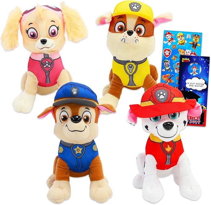 Paw Patrol Plush Toy Set - 4 Pack Bundle with 7" Plushies for Kids Featuring Chase, Marshall, Skye, Rubble Plus Stickers, More | Paw Patrol Dolls Plush for Boys, Girls
