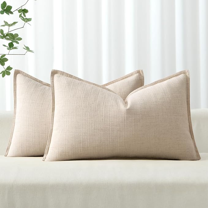 MIULEE Thick Textured Lumbar Throw Pillow Covers 20x12 Inch Natural Linen | Set of 2, Decorative Linen Pillow Cover, Flange Edge Design, Farmhouse Modern Boho Style, Bed Couch Living Room Decor