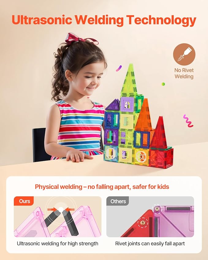 VEVOR Magnetic Tiles, 32 PCS Magnetic Building Blocks for Kids, Magnet Building Set with Storage Bag, STEM Sensory Educational Construction Stacking Toys Gift for Toddlers Boys and Girls 3+ Year Old