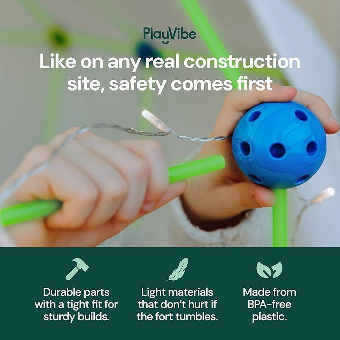 PLAYVIBE Glow in The Dark Fort Building Kit - Blue, 130 Pieces - STEM Learning with STEM Toys - DIY Clubhouse Construction - Indoor & Outdoor Play with Indoor Fort Building Kit