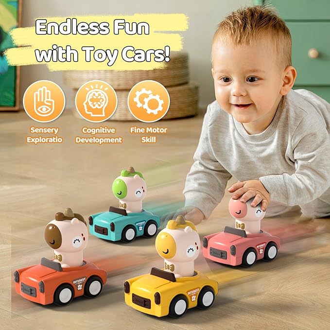 Press to Go Friction Inertia Car, Animal Toddler Toy Cars 1-3, Infant 6-9-12-18 Month Play Figure Vehicle Set, 1st Birthday Valentine's Day Gift for 1-2 Year Old Boy Girl