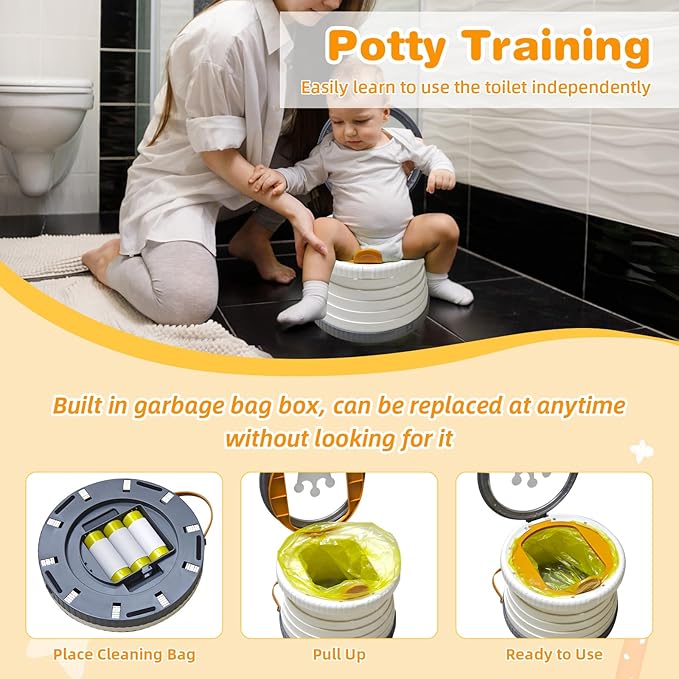 2025 Upgraded Portable Potty Training, Foldable Toilet,Travel Potty for Toddler, Apply to Seat Emergency Toilet for Camping, Outdoor, Car, Indoor, Including 3 rolls of garbage bags(White-Gray)