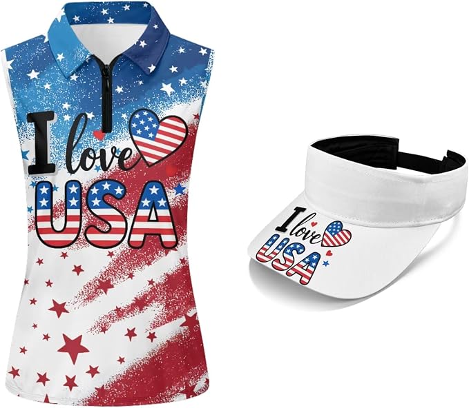 POLERO Golf Tank Top Women Golf Shirts and Visor Hat Collared Racerback Tennis Shirt Set Quarter Zip