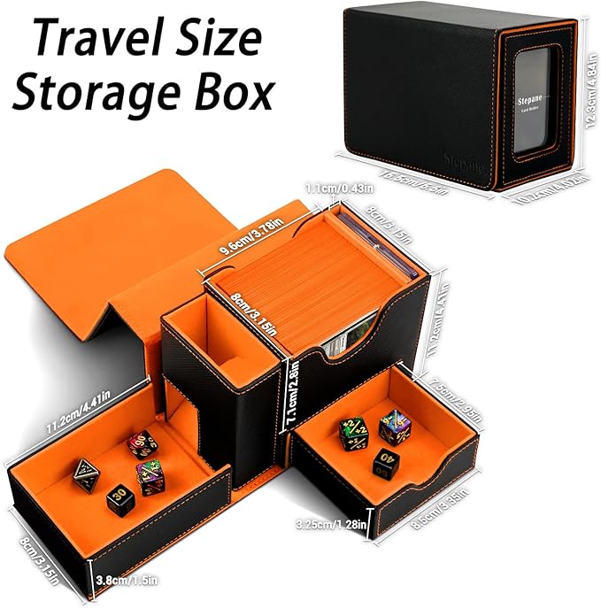 MTG Deck Box for Commander Display with Dice Tower, Fits 100 Double Sleeved Cards for TCG/PTCG, Cards Storage Case with Dice Tray and 35PT Magnetic Card Holder (Black＆Orange)